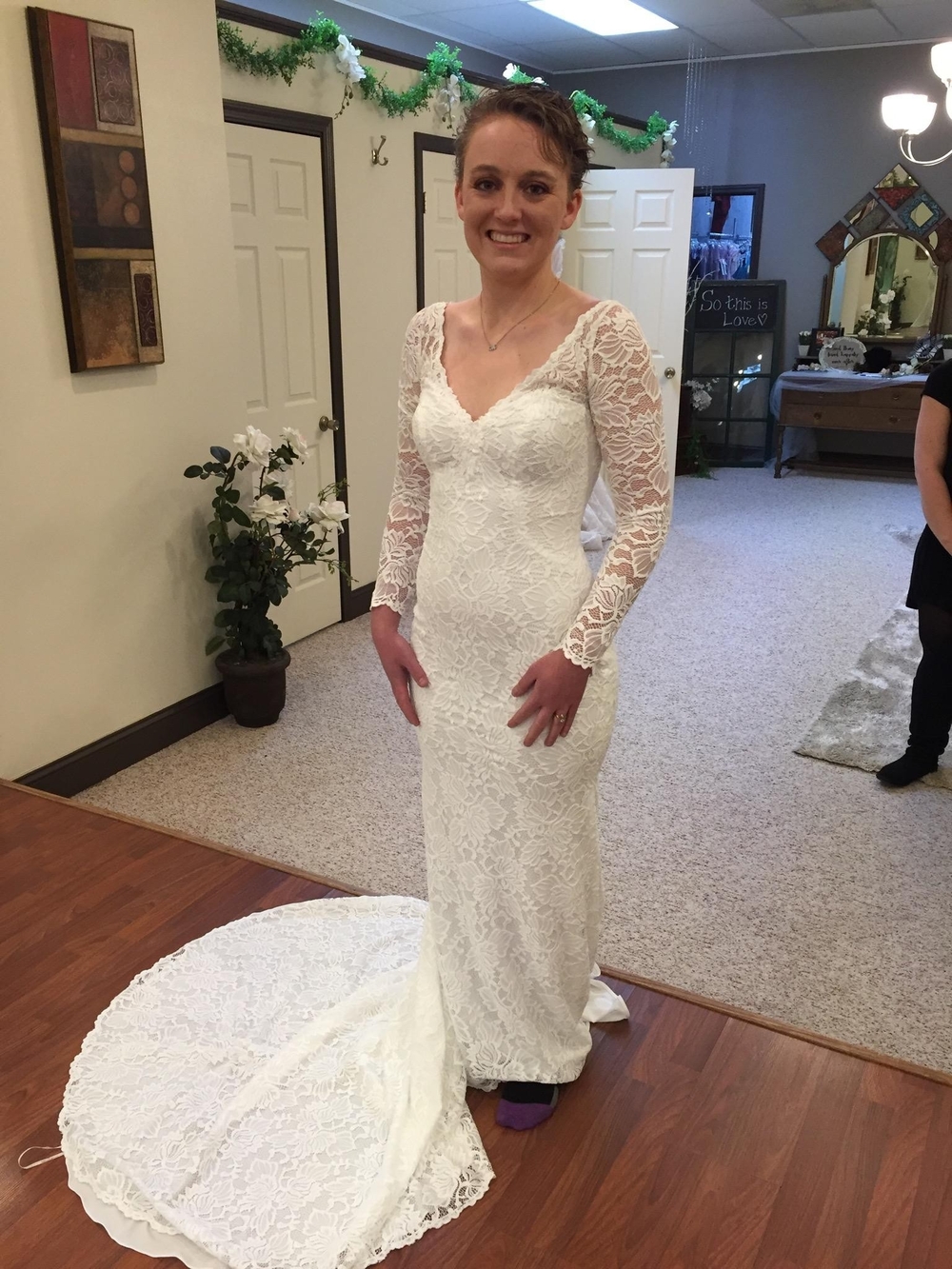 Maggie Sottero Ivory Lace Long-Sleeve Sheath Wedding Dress with Train